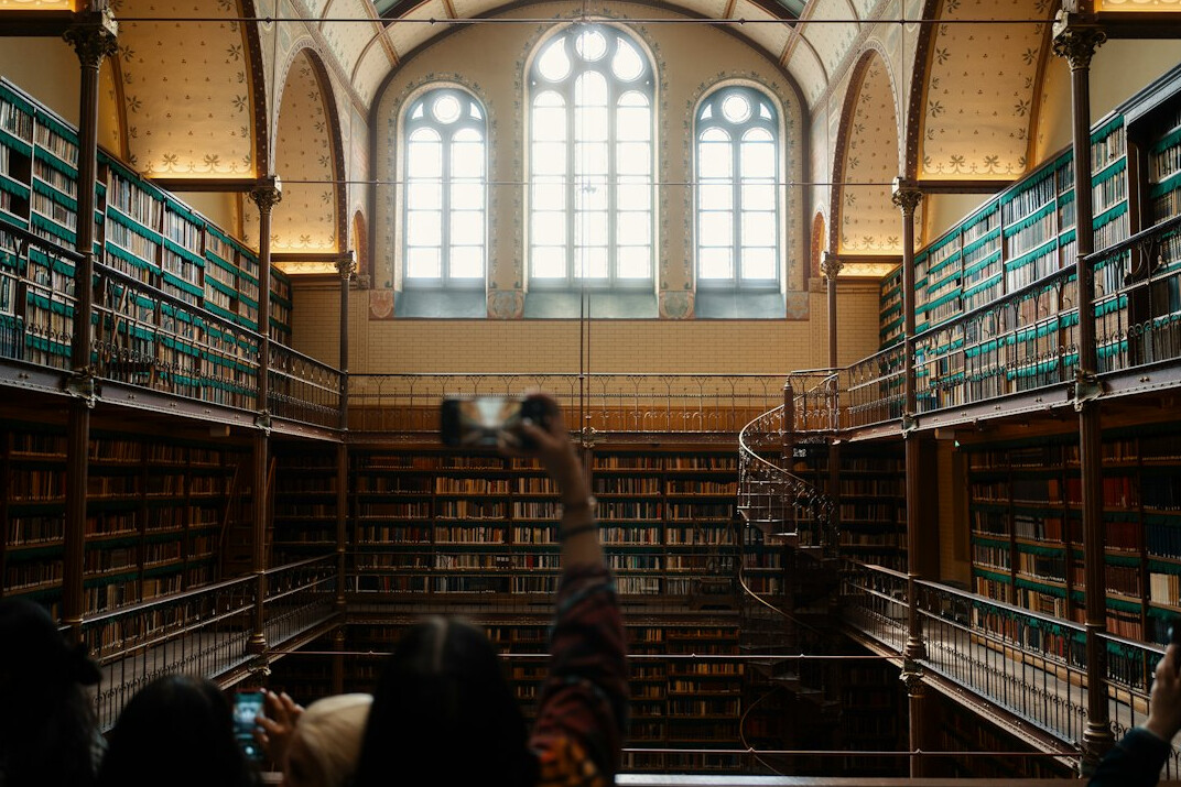 Old library with tall bookshelves